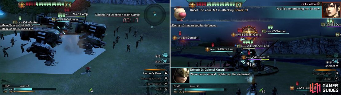 Rush back to the main camp when Moglin tells you (left). Colonel Faith doesn&rsquo;t like a chocobo kicking his behind (right). He will set upon the domains you&rsquo;ve captured.