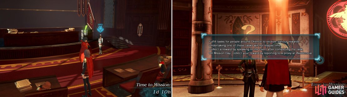 People you can talk to for events have an exclamation mark above their heads (left). You can also fulfill tasks for other people around Orience (right) noted by the &ldquo;Task&rdquo; icon.