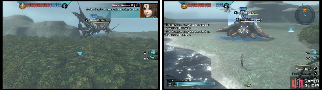 The Flyvern will head to your main camp (left), so quickly take it out before it does any damage. You&rsquo;ll have to contend with Cragapaces (right) coming out of Rama before your troops can get to it.