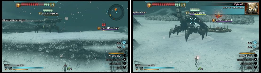 The Vigilante can be a pain in the butt, as you can&rsquo;t attack it when it&rsquo;s on top of the hill (left). The only chance you will have to damage it is when it jumps off to go after your strongholds (right).