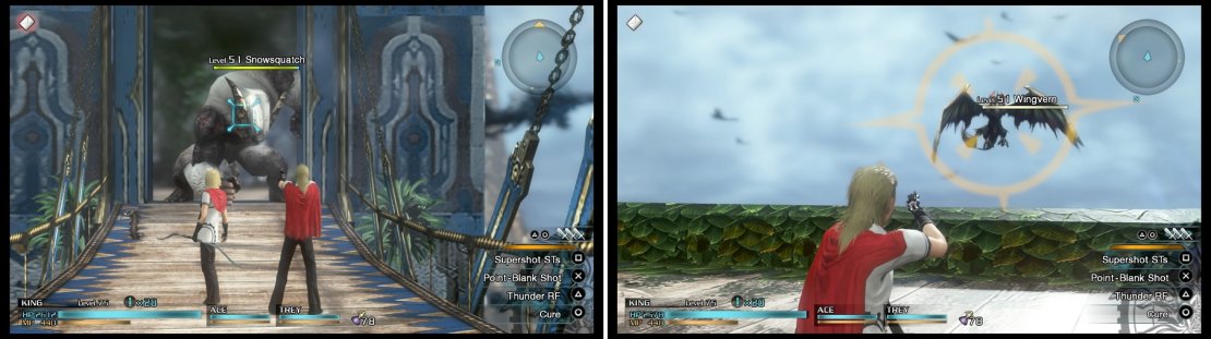 You will encounter a lot of monsters in this mission, including Snowsquatches (left). Try to hit a Breaksight on a Wingvern when it&rsquo;s not flying over anything, making it fall down to its doom (right).