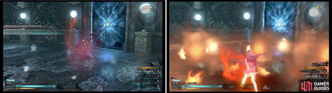 Do Rem&rsquo;s first normal attack (left) and then spam the button assigned to either magic to instantly cast the -aga spell (right).