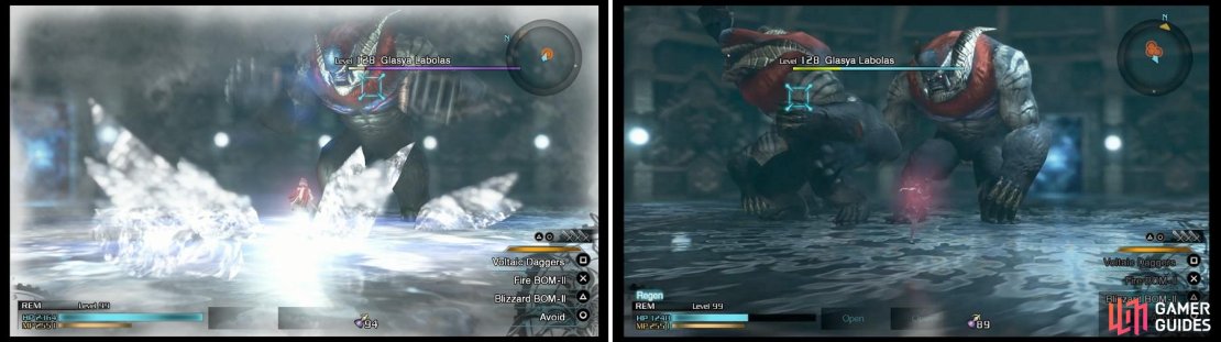 Despite their brethren, the Glasya are weak to ice (left). Things get a little hectic when you&rsquo;re fighting three at once (right).