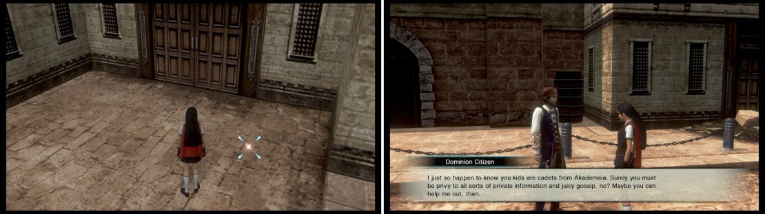 A few towns will have a l&rsquo;Cie Crystal on the ground (left). Most, however, will require you to do a short sidequest in the town, with the Crystal as a reward (right).