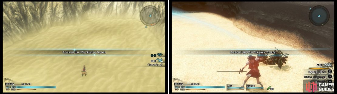 Besides towns, you will also find l&rsquo;Cie Crystals on the overworld (left) and in dungeons (right).