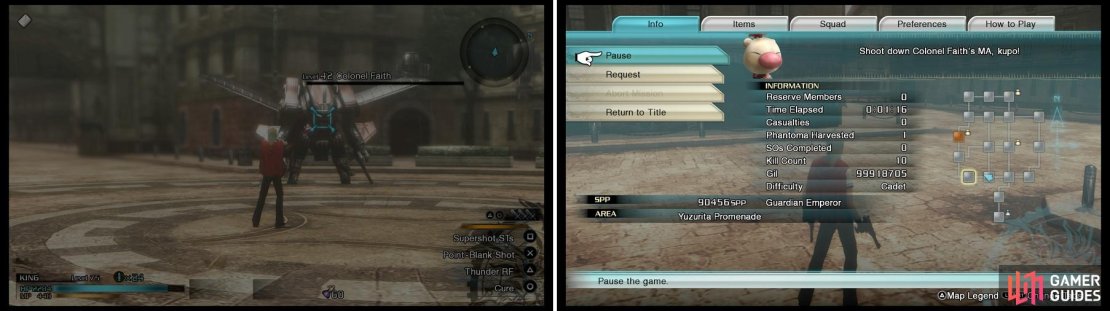 If you deplete Faith&rsquo;s health to nothing, then you will begin the final area (left). Otherwise, he will move around, with the area being highlighted in yellow on your map (right).