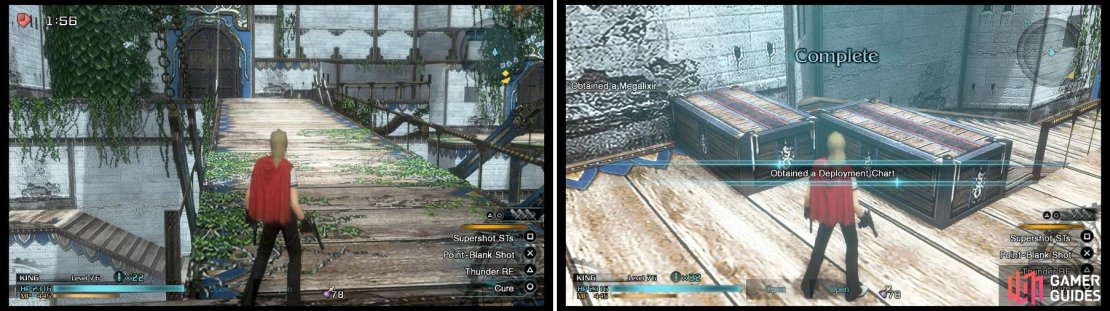 Go up this ramp (left) and you&rsquo;ll find the classified info on the ground at this spot (right).