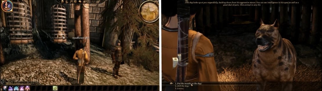 You can learn more about the Deserter in the cage from his guard nearby. You can also help the Kennel Master with the injured Mabari if you aren&rsquo;t a Human Noble.