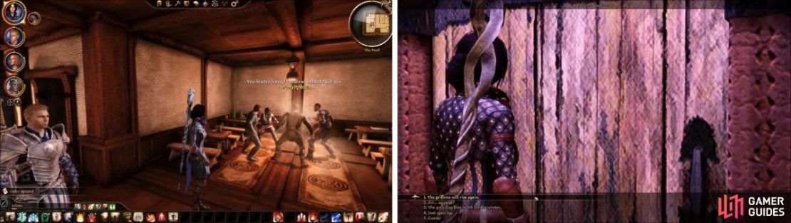 Isabela can be seen fighting some thugs off in the corner. Speak to her to learn the Duelist specialization (left). Approach the door with the password &ldquo;The griffons will rise again&rdquo; (right).