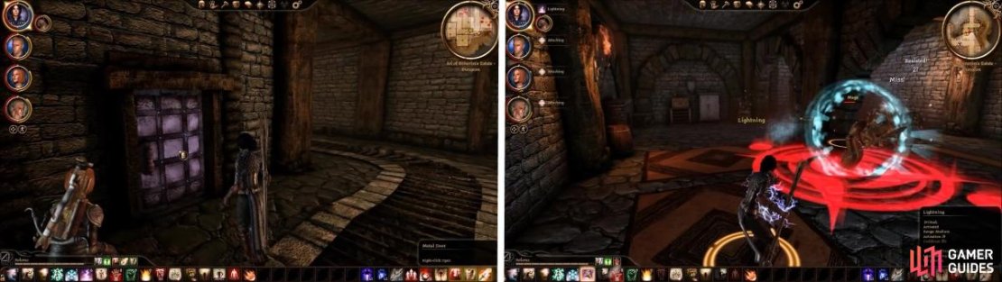 This door leads to Oswyn, a noble who can lend you support in the Landsmeet (left). Arl Howe&rsquo;s mages are very dangerous so take them out while your tank distracts Howe.