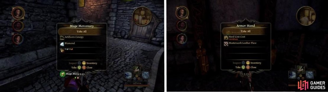 Make sure to loot the mage for the Artificer&rsquo;s Canopy. In the room with the Weapon Master is an Armor Stand with another piece of Masterwork Leather.