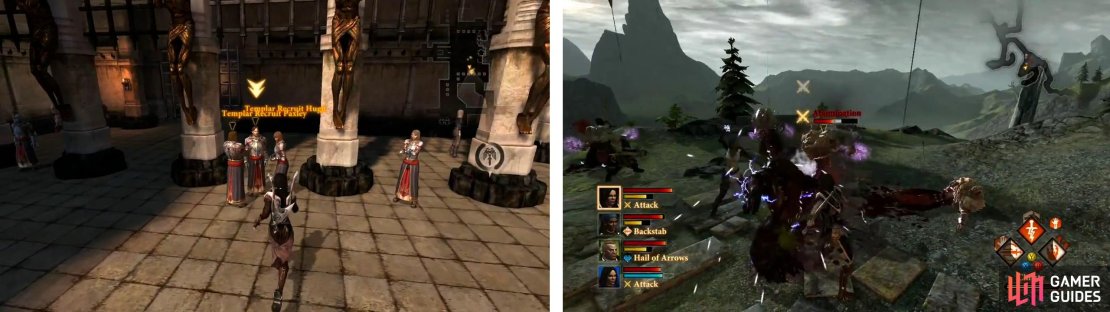 Talk with the templars in the Gallows (left) and then make your way to Wilmod&rsquo;s camp for a scene and fight (right).