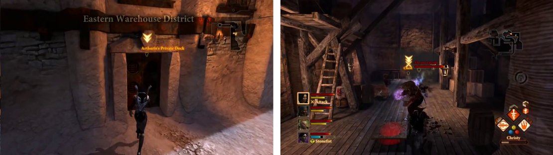 Enter Arthuris&rsquo;s Private Dock and fight your way through and loot the marked chest (right).