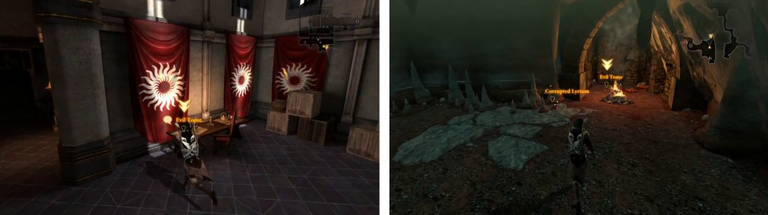 The evil tomes in the Chantry (left) and the Bone Pit (right).