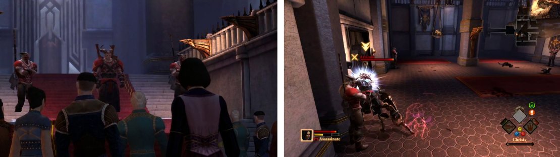 Move into the throne room in the Viscout&rsquo;s Keep for a scene (left) and then fight the Arishok (right).