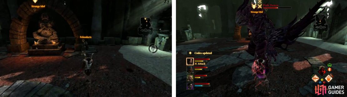 Enter Pride&rsquo;s End and examine the Strange Idol for a boss fight against a pride demon.