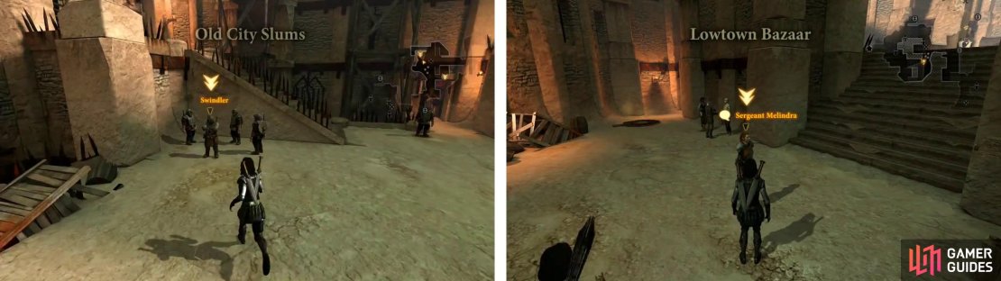 Take out the swindlers (left) and then return to Melindra (right) to turn in the quest.