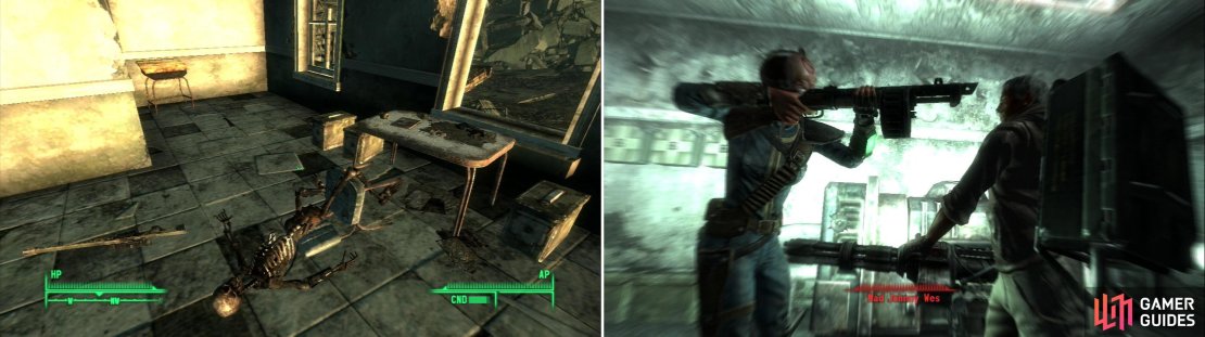 The remains of this sniper overlooks some choice loot, including a copy of Guns and Bullets (left). Confront Mad Johnny Wes in the depths of Hubris Comics (right).