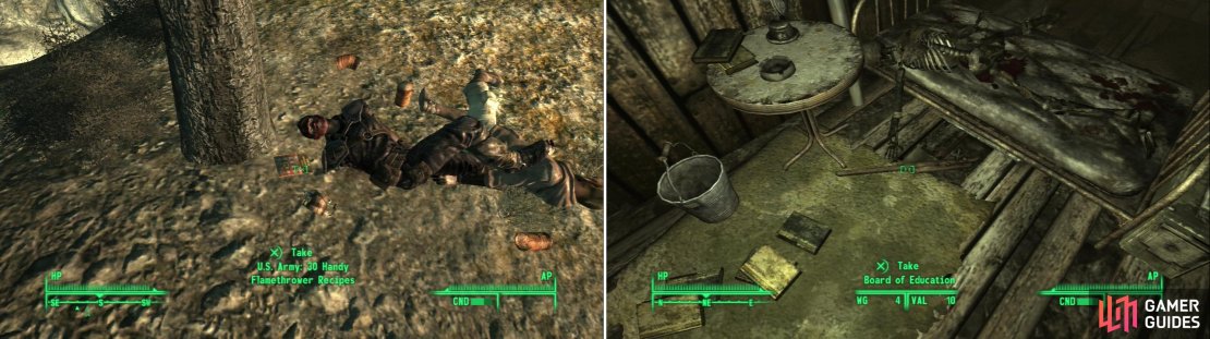 Amongst discarded Tin Cans and a tastefully placed corpse, you&rsquo;ll find a copy of U.S. Army: 30 Handy Flamethrower Recipes (left). The Board of Education will teach your enemies a thing or two! (right)