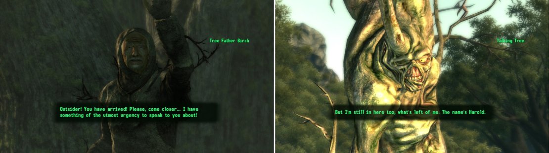 As you approach Oasis, you&rsquo;ll be summoned by the leader of the Treeminders (left). After a ritual, you&rsquo;ll wake up in the grove, where you&rsquo;ll meet the Treeminder&rsquo;s object of affection (right).