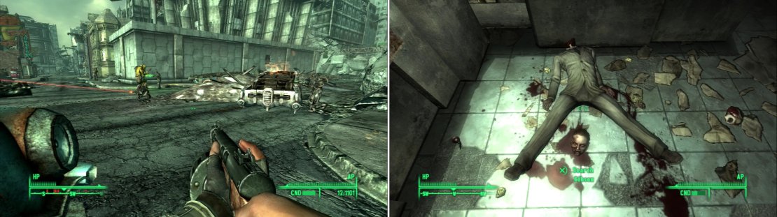 The Enclave will drop in and pick a fight with the Super Mutants patrolling L&rsquo;Enfant (left). Gibson&rsquo;s seen better days (right).