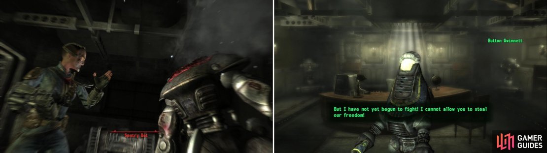 The depths of the National Archives is crawling with robots, but it&rsquo;s nothing Fisto! can&rsquo;t handle (left). Guarding the treasure we seek is a delusion robot who seems to think that it is Button Gwinnett. Yes. THE Button Gwinnett (right)