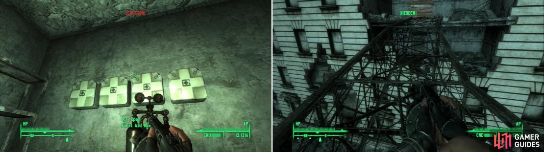 As you might expect, you can find all sorts of medical supplies in the Our Lady of Hope Hospital (left). To reach the upper levels of the Statesman Hotel, you&rsquo;ll need to cross this precarious debris (right).