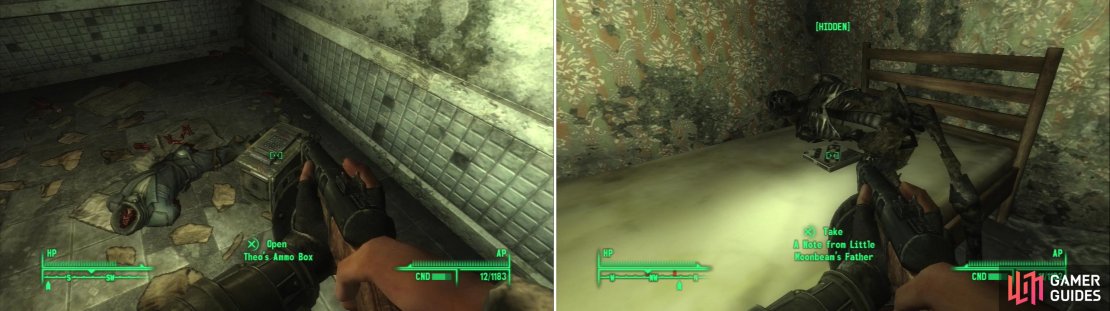 Loot Theo&rsquo;s Ammo Box to score some supplies (left). In one of the hotel rooms you&rsquo;ll find the remains of &ldquo;Little Moonbeam&rsquo;s Father&rdquo; (right).