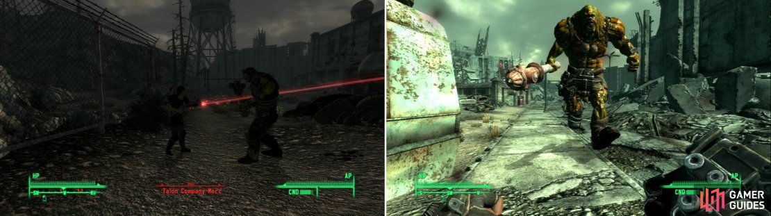 Talon Company Mercs and Super Mutants clash outside of the factory in Takoma Industrial (left). To the west you&rsquo;ll find larger prey&hellip; (right).