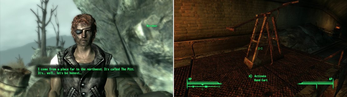 Follow Wenher&rsquo;s Distress Signal to find&hellip; well, Wernher, who will tell you about his troubled homeland (left). Once you&rsquo;ve obtained the proper attire of a slave, enter the train tunnel and travel to The Pitt (right).