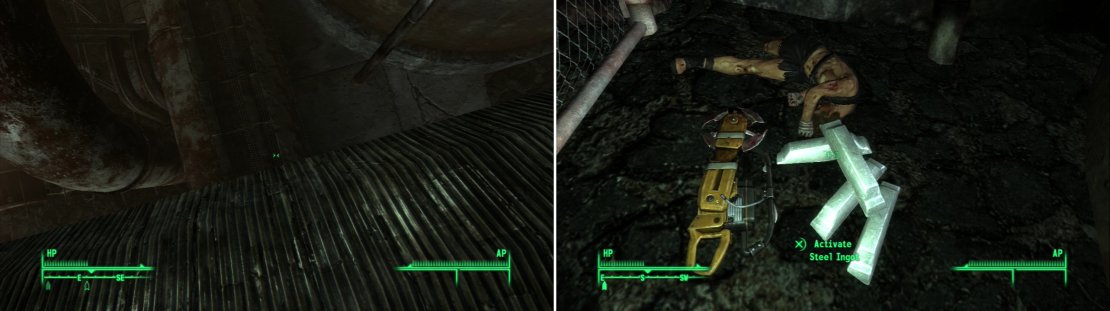 To collect all the ingots in the Steelyard you&rsquo;ll have to drop down of some roofs and take a bit of damage (left). Steel Ignots and other treasures lurk in all sorts of hidden places (right).