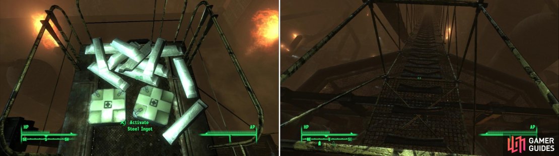 Reach the highest extant part of the Steelyard to score a whopping twelve Steel Ingots (left). Once you&rsquo;re done looting, climb down a ramp to score even more ingoty goodness (right).