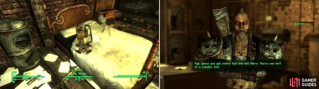 The Man Opener does everything the Auto-Axe does, but better! (left) Once you&rsquo;ve collected all 100 Steel Ingots, return to Everett to score a prodigious amount of unique gear (right).