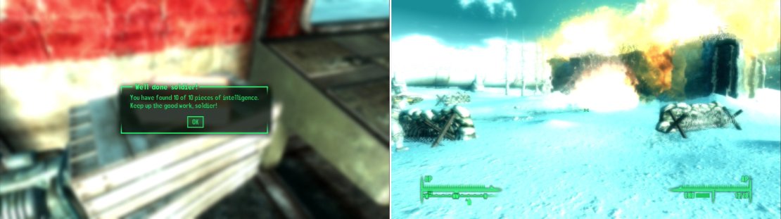 Collect the 10th and final piece of Intel to gain&hellip; well, a congratulation (left). Once the pulse field has been disabled, the T-51b unit will destroy the last defenses (right).