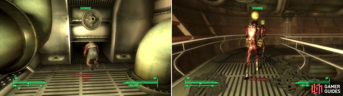 Sally&rsquo;s size allows her to sneak around-which will prove invaluable, since it allows you access to parts of the ship you wouldn&rsquo;t otherwise be able to reach (left). Worker aliens don&rsquo;t pose a threat to you (right), but they&rsquo;re still narks, so you might as well kill them&hellip; even if it will cost you some karma.