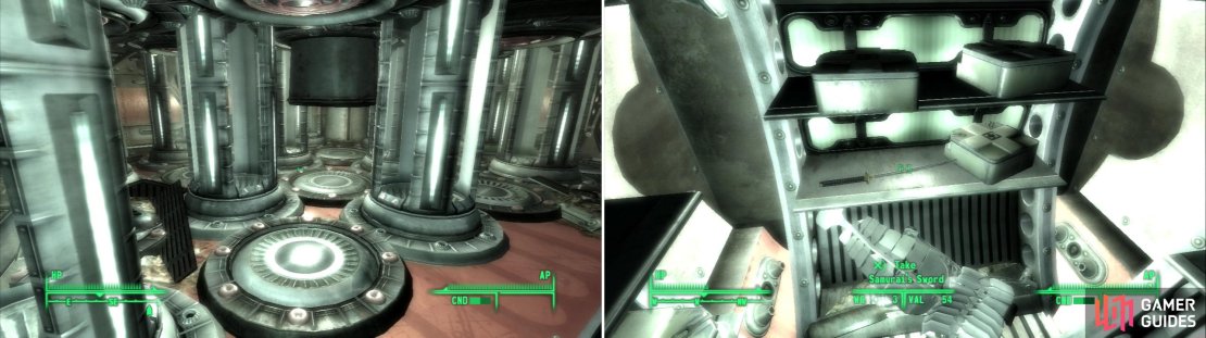 Watch out for active pistons, as they can deal damage if they smack you (left). Grab the Samurai Sword from the shelf (right), we might know somebody who wants this back&hellip;