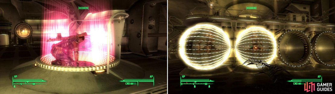 Somah tampers with a deactivated teleporter, and her incompetence strikes again (left). Robots in stasis can be activated with the &ldquo;Drone Control Device&rdquo; (right).