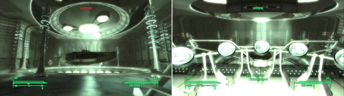 The main feature of the hangar is a docked space ship&hellip; what else? (left) Manipulate the docking controls to thwart the Aliens that attack (right).