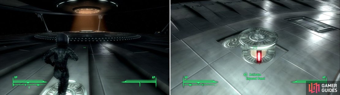 To advance through the alien ship you&rsquo;ll have to take a little walk&hellip; in space! (left) Activate several &ldquo;exposed panels&rdquo; to activate a teleporter (right).