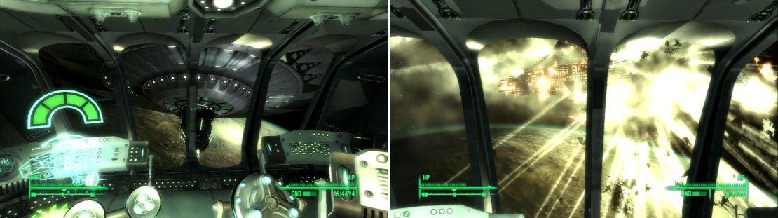 Take control of the ship, raising the shields and firing as necessary (left). Against all odds, you and your untrained crew win the shootout with the alien ship, proving that you&rsquo;re the baddest being in the solar system (right).