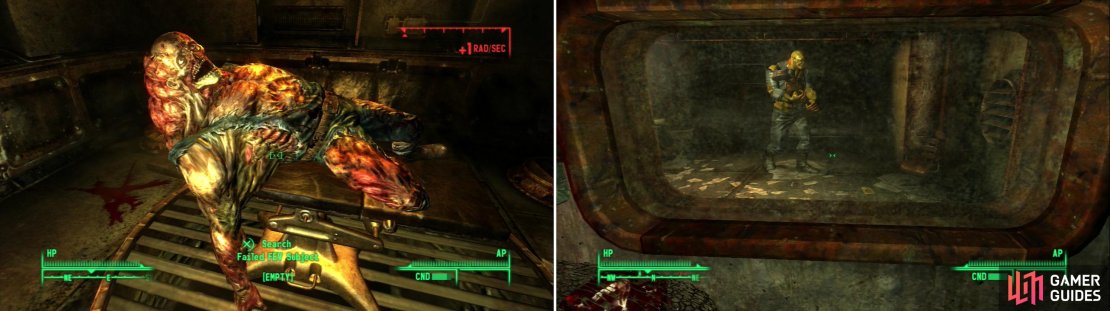 As hideous as Super Mutants are, failed F.E.V. mutations are even more wretched (left). Fawkes is one of the few sane Super Mutants you&rsquo;ll find (right), and the Super Mutant&rsquo;s inherent immunity to radiation might just come in handy&hellip;