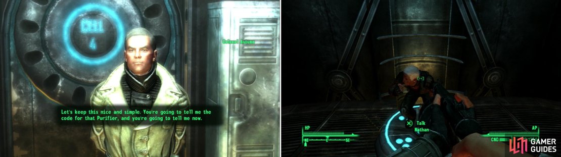 When you come to, you&rsquo;ll be interrogated by Colonel Autumn (left). Nathan, from Megaton, seems to have a different opinion of the Enclave now that he&rsquo;s in their custody (right).