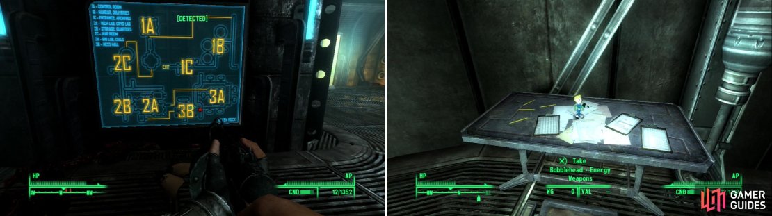 If you ever get lost, there are plenty of handy-dandy maps about (left). Be sure to grab the Bobblehead - Energy Weapons (right). It&rsquo;s one of the few Bobbleheads in the game that you can miss.