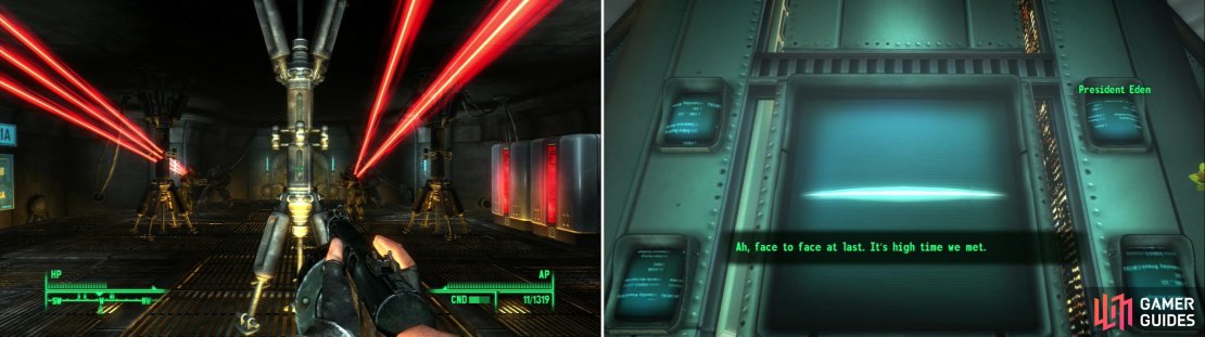 After Colonel Autumn becomes belligerent, President Eden will turn his robots on the Enclave to ensure you make it to him (left). Meeting President Eden face-to&hellip; screen? (right)