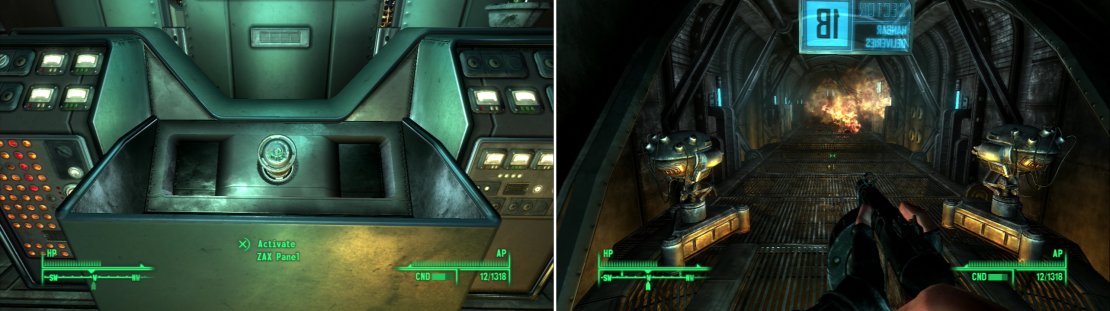 President Eden forces you to take the Modified F.E.V. before he allows you to leave (left). Make good your escape from Raven Rock as the Enclave&rsquo;s civil war spirals out of control (right).