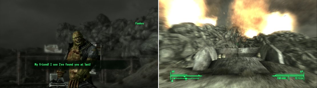 When you escape, you&rsquo;ll be greeted by Fawkes (left), who has found a new toy in your absence. President Eden makes good on his promise to destroy Raven Rock (right).