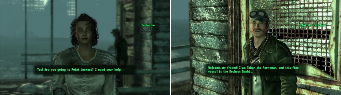 Catherine&rsquo;s over-adventurous daughter has gone missing, and she&rsquo;s willing to appeal to any stranger for aid (left). Tobar will take you between Point Lookout and the Capital Wasteland&hellip; for a price (right0.