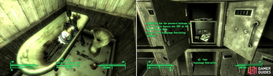 The Pint-Sized Slasher was real! (left) Use your Pip-Boy to play back the &ldquo;Box 1207 - Spy&rsquo;s Audio Password&rdquo; to open a safe (right).