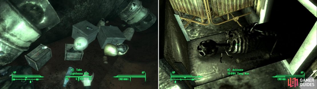 Grab the Lighthouse Bulb from the back of the overturned truck (left). Agent Yang didn&rsquo;t make it out of Turtledove Detention Camp (right).
