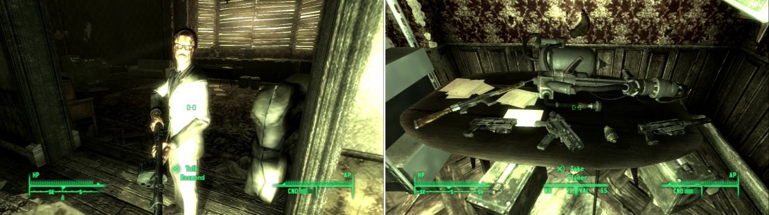 Desmond might not be particularly nice&hellip; in fact, he might be one of the rudest characters in the game (left). Be sure to help yourself to his stash of weapons and ammo (right). You will be doing most of the work, after all.
